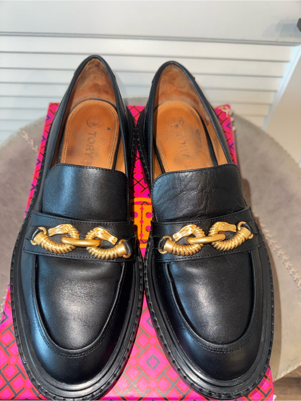 Tory Burch Jessa Lug Sole Black Leather Loafers with Gold Chain Detail 9.5